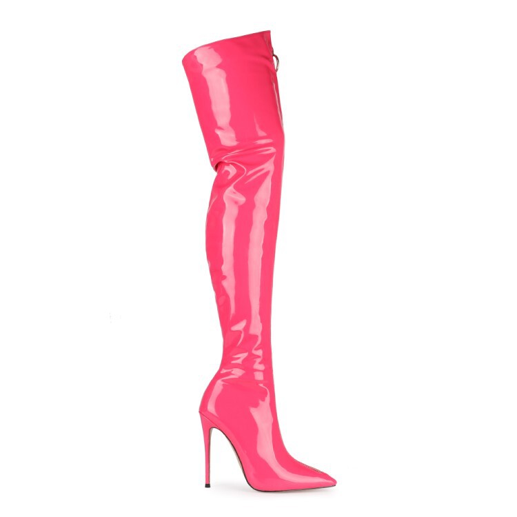 Europe and the United States cross-border foreign trade front zipper high heel knee boots patent leather steel tube dance performance show thigh fashion boots