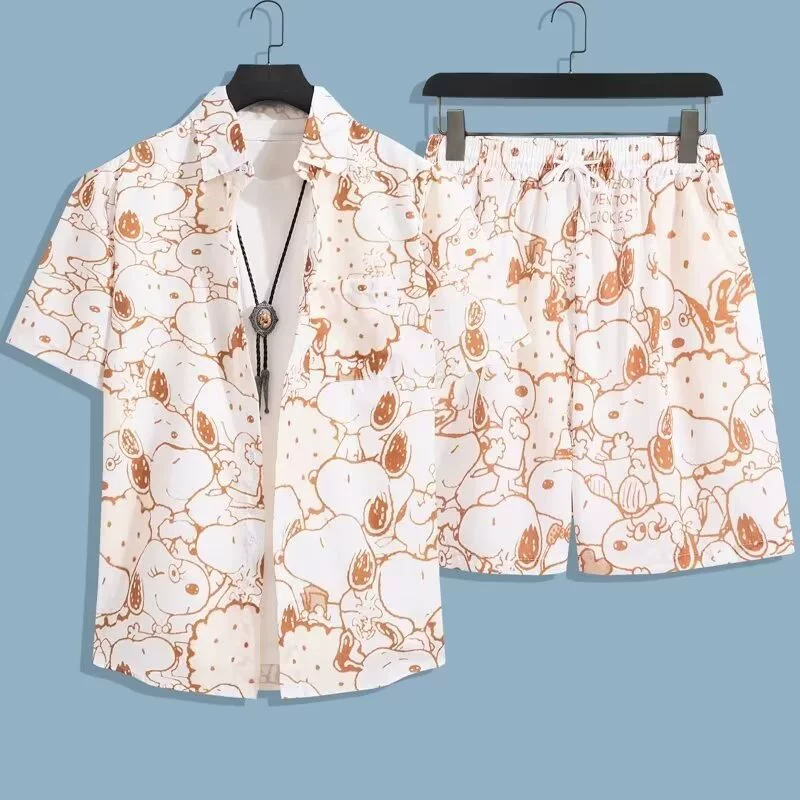 Костюмы с короткими рукавами, свободная рубашка большого размера, шорты с модным принтом, трансграничные гавайские пляжные ледяные шелковые мужские рубашки