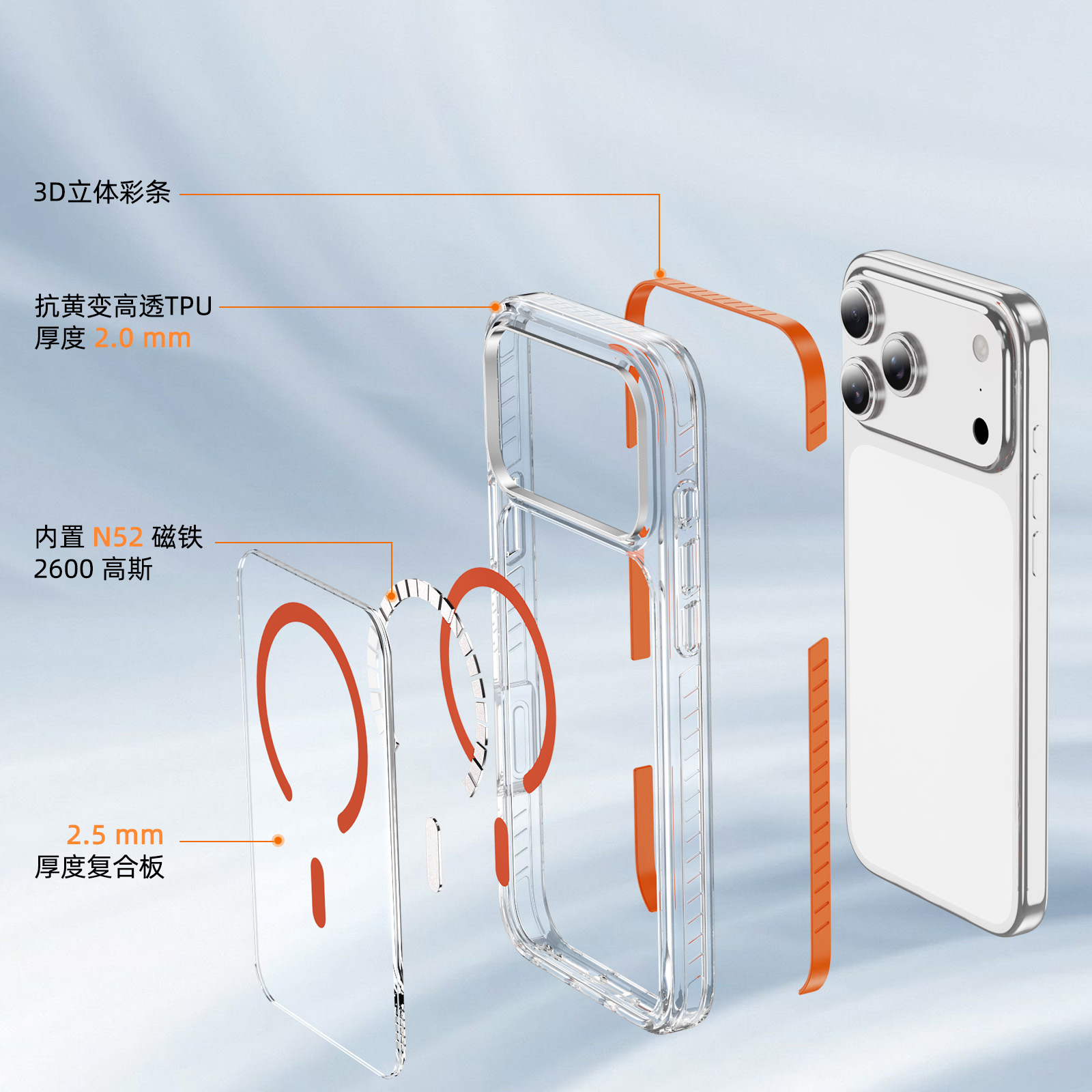 适用于iPhone17Pro Max新品透明磁环手机壳16晶盾彩条防摔盔甲壳