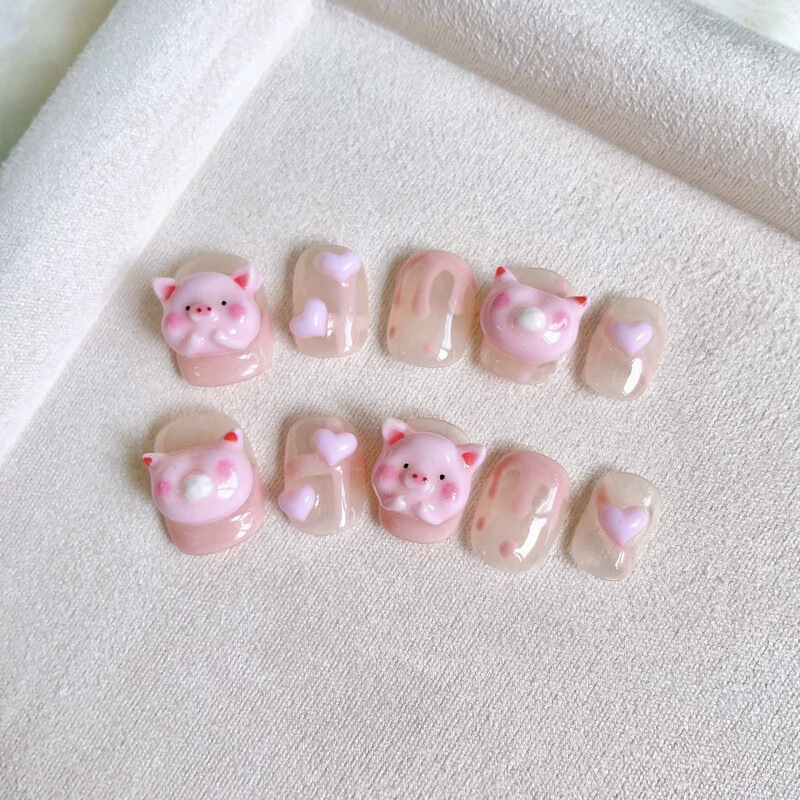 Purely Handmade Wearable Nails, Cute Phototherapy Manicure Patches, Finished Pink Cartoon Piggy Hand-painted Fake Nails, Removable Purely Handmade Wearable Nails, Cute Phototherapy Manicure Patches, Finished Pink Cartoon Piggy Hand-painted Fake Nails, Removable