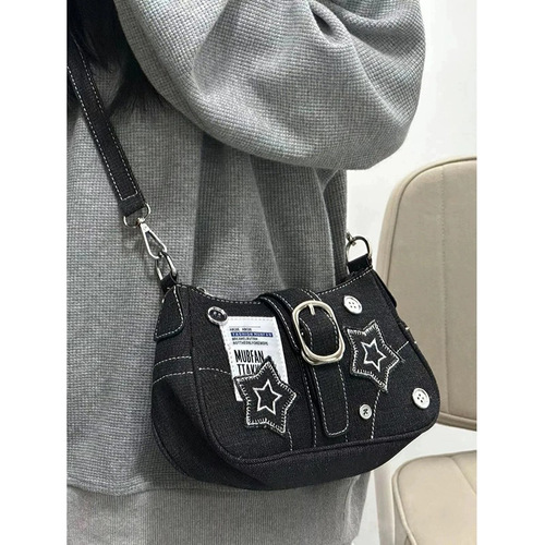 y2k New Stars Denim Armpit Bag Retro Patchwork Fashion Large Capacity Chain Shoulder Bag Women 