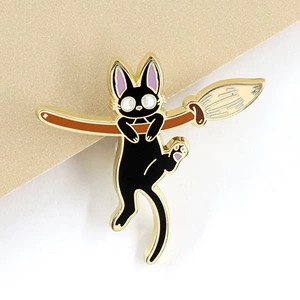 Cartoon Anime Black Cat Badge Cat Holding a Flying Broom Brooch Collar Backpack Decoration