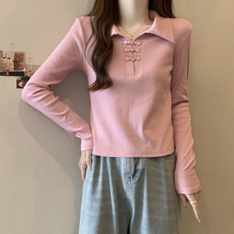 初秋の新しい中国風のショートカラー長袖シャツ女性用、ナショナルスタイルのボタン付き、甘い痩身黒トップ女性用|undefined