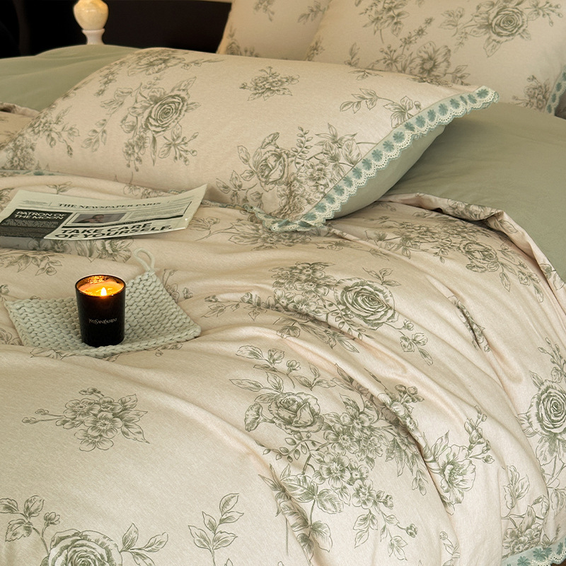 Conjunto de cama completo de quatro peças em algodão puro, grosso, escovado, estilo vintage boho francês nórdico francês, com capa de edredom e lençol. Ideal para outono e inverno._voghion.com