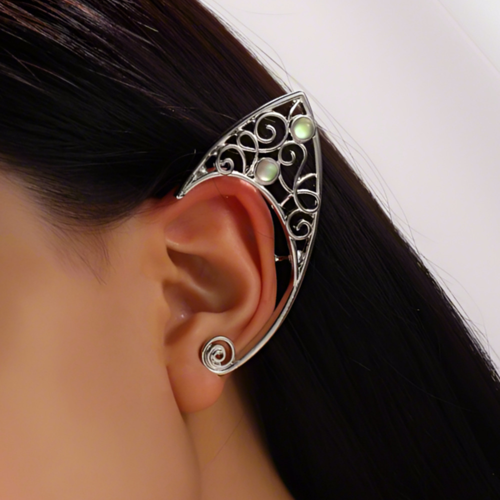 Ethereal and Iridescent Gemstone Elf Ear Clips with Hollow Vine Design, Non-Pierced Ear Accessories for Lolita Princess Photoshoots
