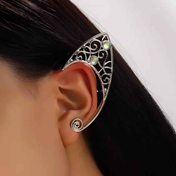 Ethereal and Iridescent Gemstone Elf Ear Clips with Hollow Vine Design, Non-Pierced Ear Accessories for Lolita Princess Photoshoots