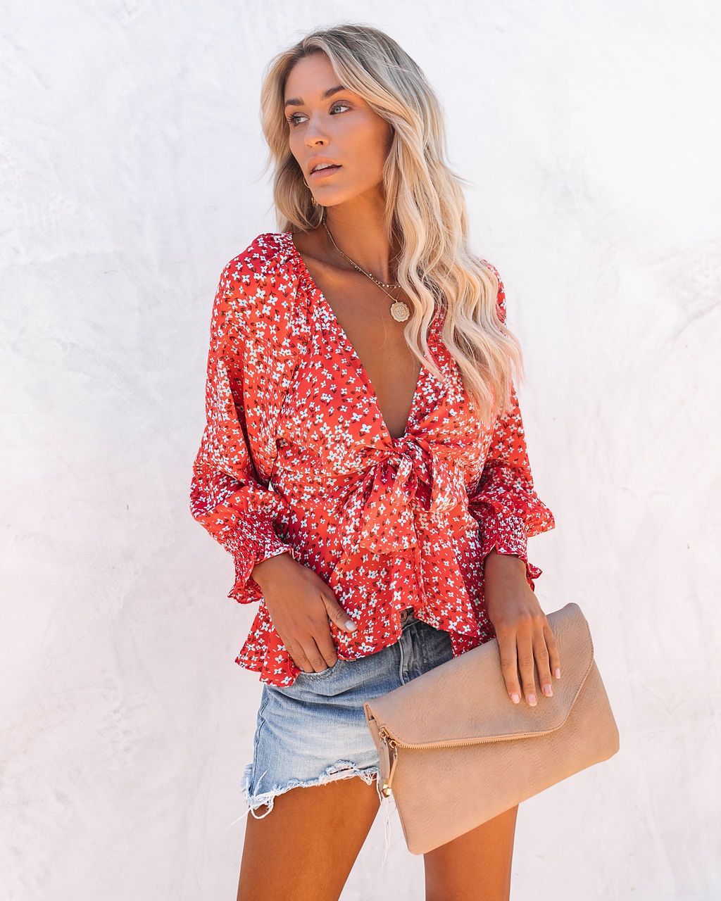 floral print long-sleeved V-neck knotted shirt top NSCXY121822