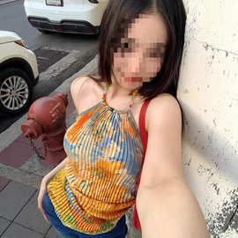 甜辣妹油画印花挂脖吊带小背心女夏季内搭不规则短款露背上衣外穿