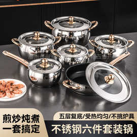 跨境专供不锈钢肚形汤锅套装加厚复底玫瑰金柄家用煎锅外贸锅具