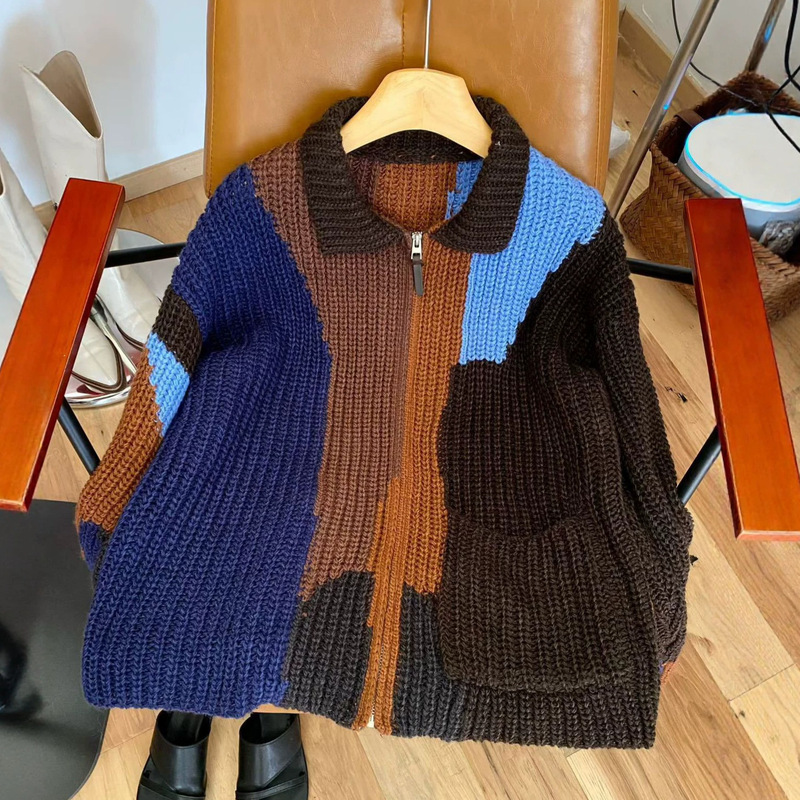 Cross-border color-blocking design chunky knit sweater jacket for women, 2026 new autumn and winter loose versatile knitted cardigan 1641 Cross-border color-blocking design chunky knit sweater jacket for women, 2026 new autumn and winter loose versatile knitted cardigan 1641