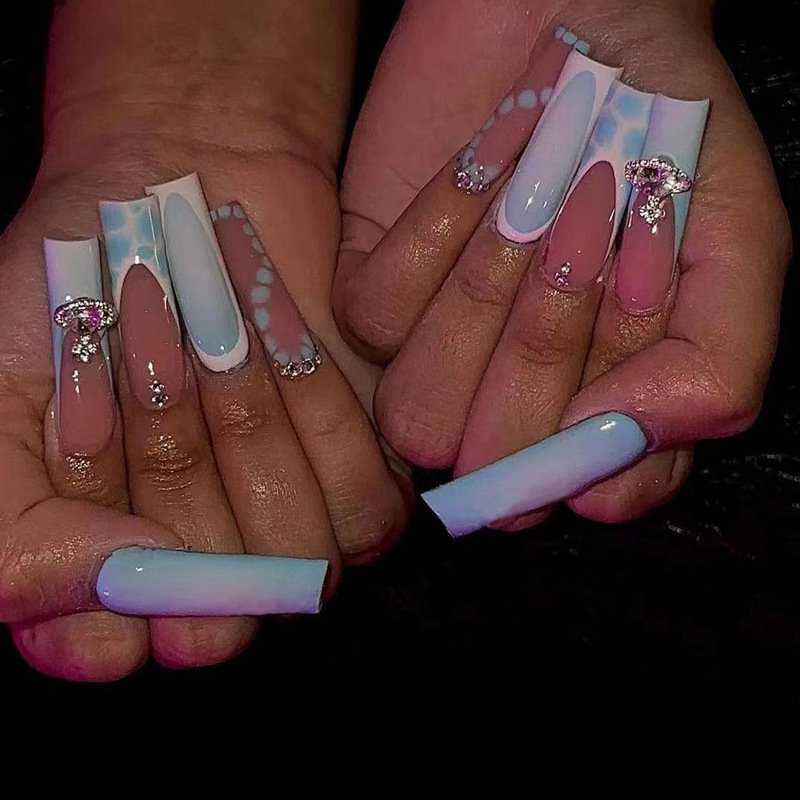 Cross-border Europe and the United States blue super long water pipe nail wear nail temperament sweet cool girl nail piece white nails Cross-border Europe and the United States blue super long water pipe nail wear nail temperament sweet cool girl nail piece white nails