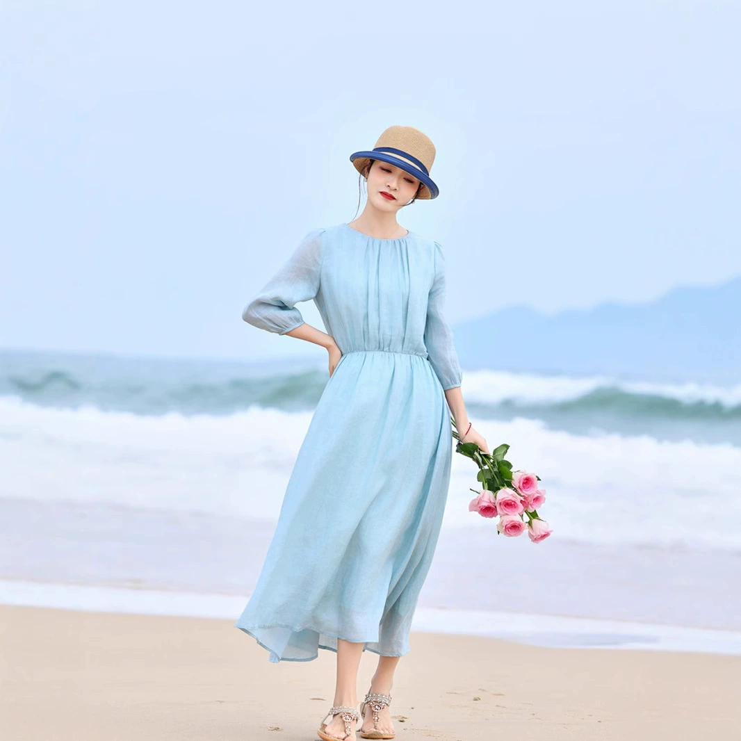 Весеннее и летнее литературное искусство, оригинальная новая женская одежда, обжаренная рамовая, элегантная талия, платье с семью рукавами, дорожное платье