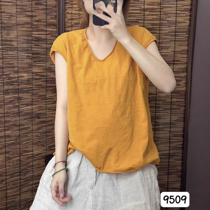 Solid Color Bamboo Cotton Casual Versatile Sleeveless T-Shirt for Women 2026 Summer New Style Loose Slimming Pullover Shirt 9509