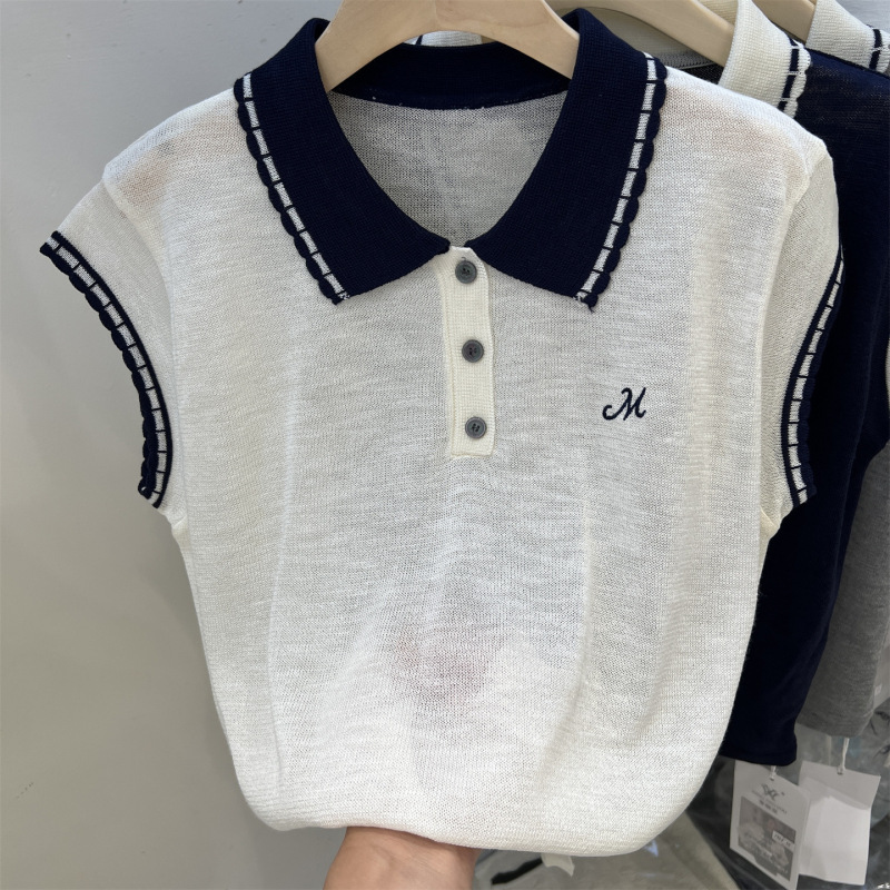 冰丝无袖花边针织polo衫t恤新款韩系设计感上衣气质女装夏高级感|undefined