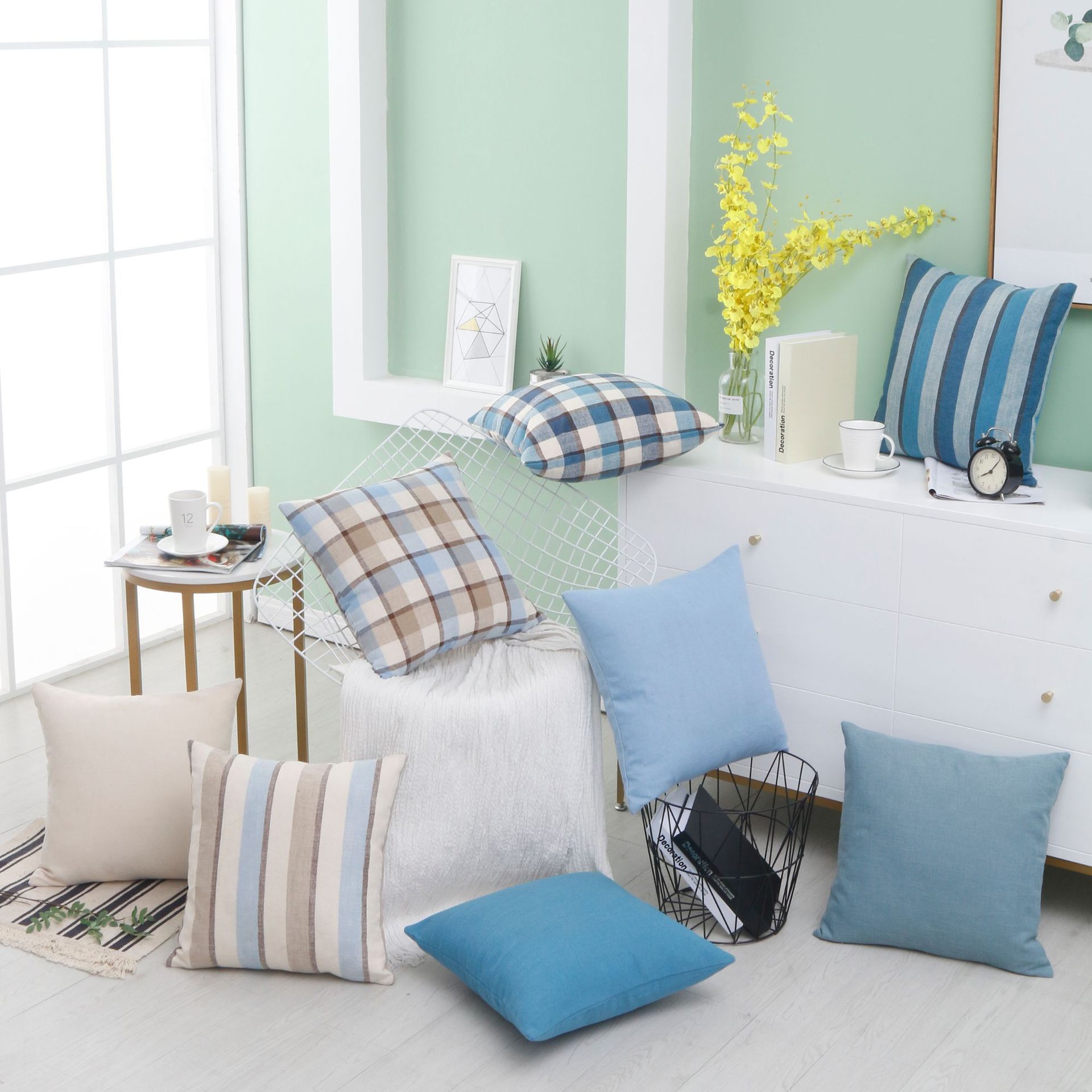 沙发布料棉麻素色纯色格子桌布沙发套diy抱枕坐垫车套面料