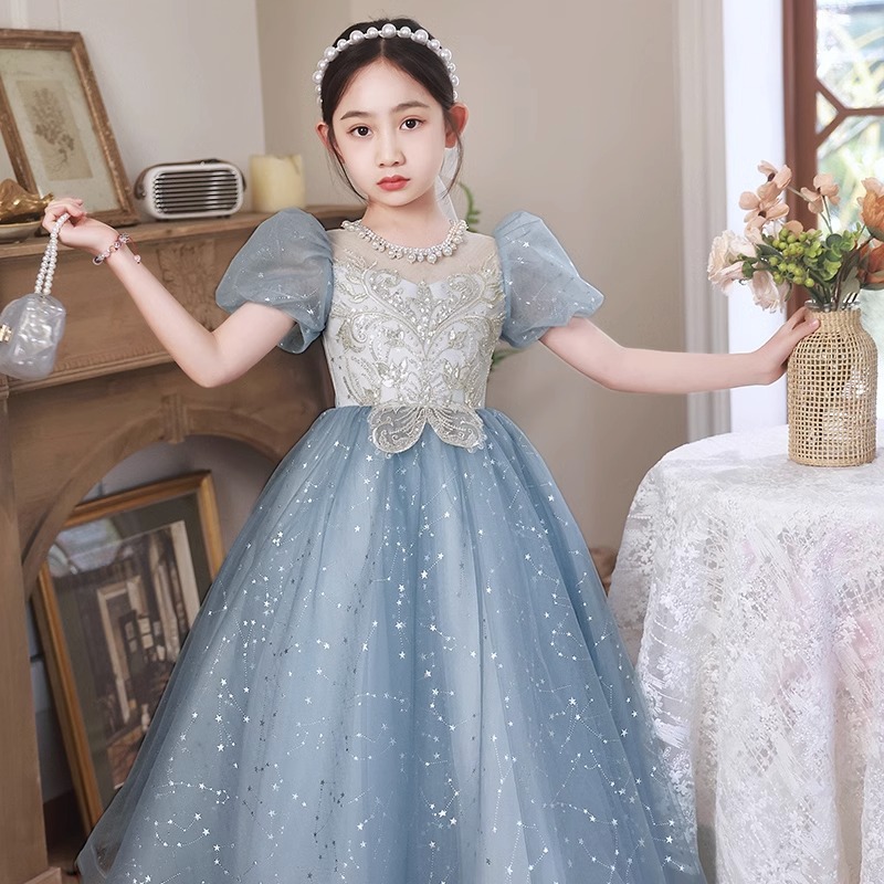 Prinzessinnen-Partykleid in Blau für Mädchen – Festliches Abendkleid mit Puffärmeln für Klavierkonzerte und Schulveranstaltungen (80–160 cm) – Elegantes Acetatgewebe_voghion.com