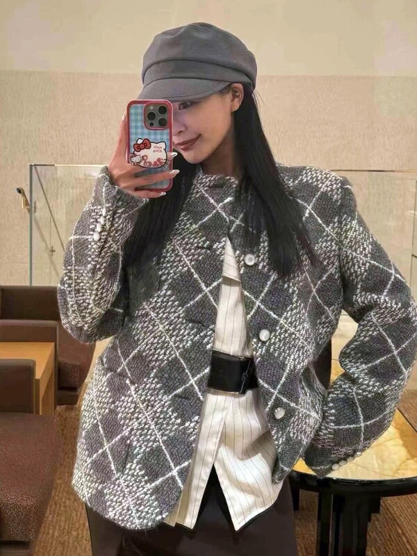 毒家版本现货高品质V家新款粗花呢绑纱格子夹克外套宽松版情侣款|undefined