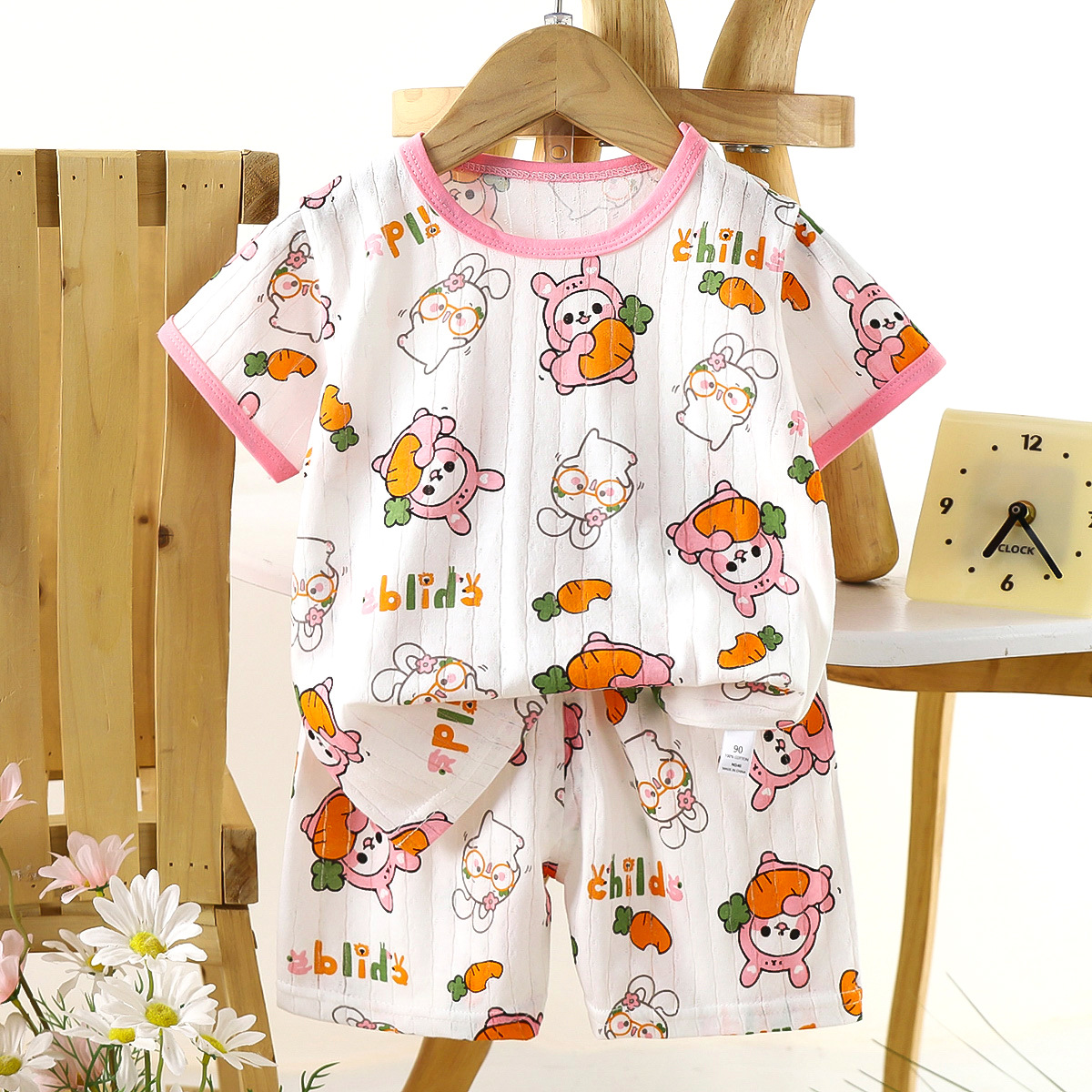 Nuevo traje de bebé de verano de dos piezas de manga corta de algodón para niños, pantalones cortos para bebés, ropa de casa delgada de dibujos animados