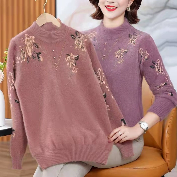 Мама свитер женщина теплая и утолщая, пожилые люди теплая внутри топ