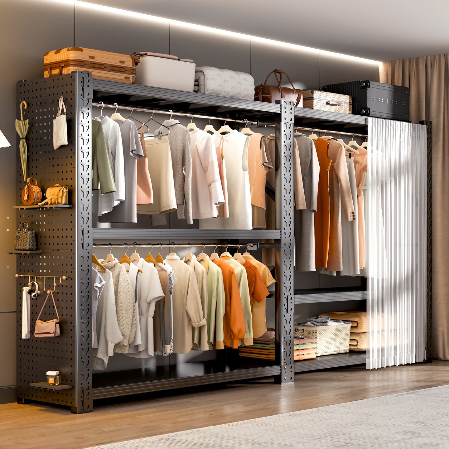 Shelf Wardrobe for Home Bedroom Rental Room Simple Assembly Metal Floor-Standing Clothes Rack Storage Steel Wardrobe Cabinet