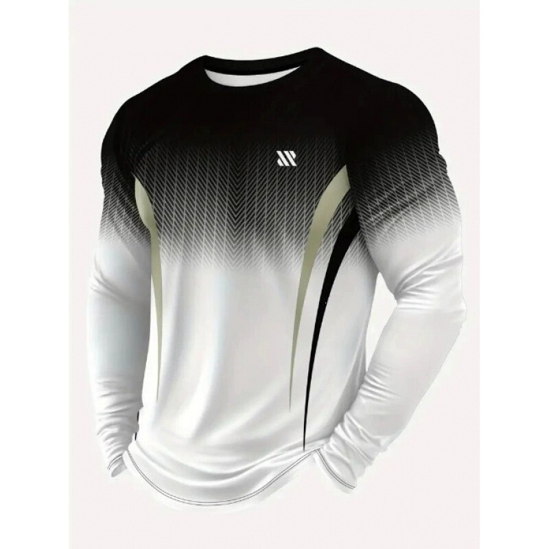 Independent Brand Cross-Border European and American Geometric Pattern Long-Sleeve Men's T-Shirt, Round Neck Pullover, Simple and Stylish with 3D Digital Print