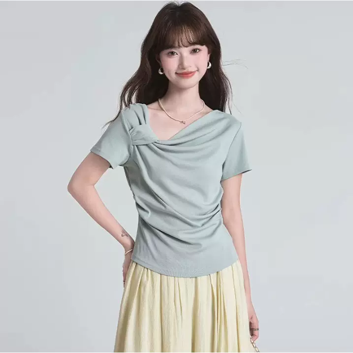 小众设计感扭结正肩短袖T恤女夏季恤女2025新款显瘦修身短款上衣