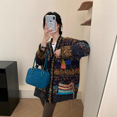 慵懒风宽松v领毛衣外套女秋冬复古减龄设计感小众渐变色针织开衫