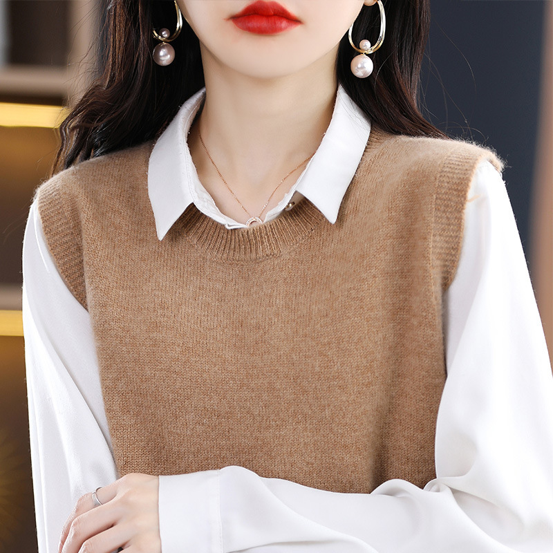 Shirt with vest knitted vest women's new outer wear loose plus size round neck sleeveless sweater stacked small waistcoat