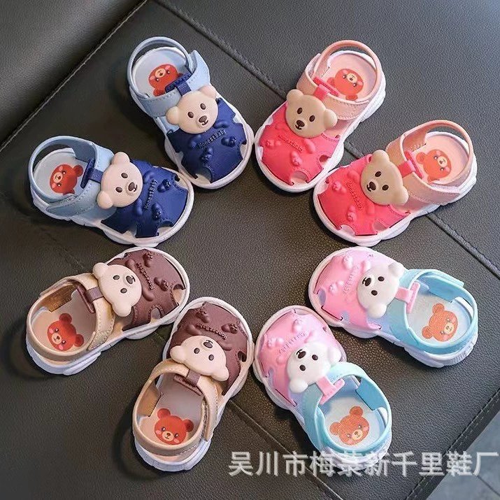 Летние новые мягкие нижние липучки стерео мультфильм голова медведя детские сандалии 808 + 3