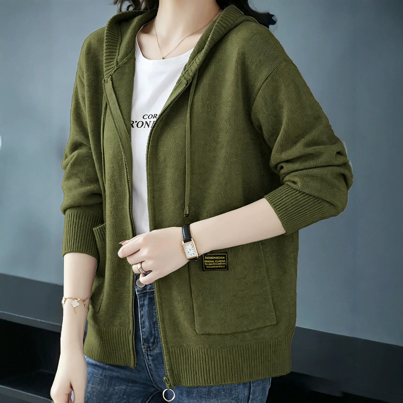 Cross-Border Hot-Selling Women's Autumn and Winter Zip-Up Knit Cardigan with Ribbed Hood and Pockets, Versatile Casual Commuter Lazy Style Cross-Border Hot-Selling Women's Autumn and Winter Zip-Up Knit Cardigan with Ribbed Hood and Pockets, Versatile Casual Commuter Lazy Style