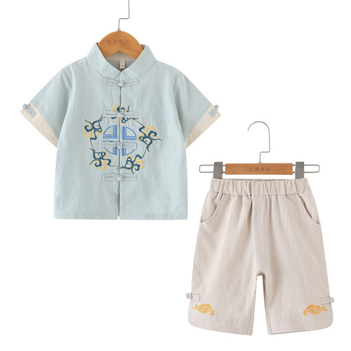 Chinese ethnic style children's cotton linen set, Hanfu baby Chinese-style Tang suit for boys, summer clothing for children, Confucianism dress for first birthday celebration.
