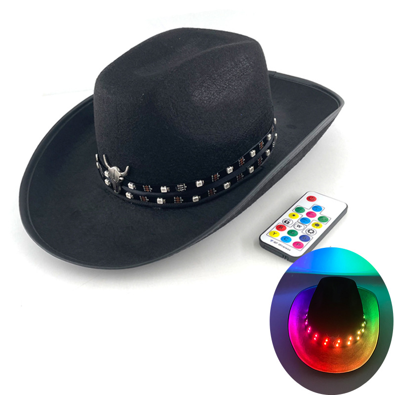 Amazon fiesta de Halloween LED sombrero de vaquero tibetano nacional cabeza de toro rizado control remoto sombrero luminoso colorido