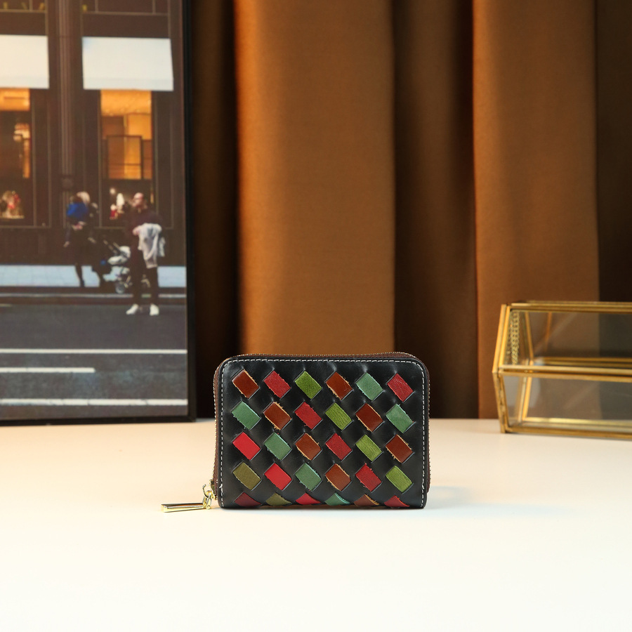Damen-Clutch aus echtem Leder, Retro-Webmuster, kurze Geldbörse, farbenfroh, vielseitig, europäisch-amerikanisches Design, ideal für Pendler_voghion.com