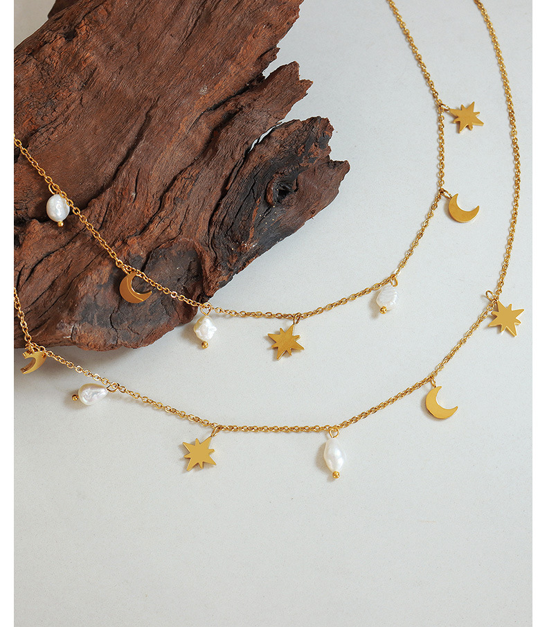 Fashion Star Moon Titanium Steel Necklace Luminous Pearl Stainless Steel Necklaces 1 Piece