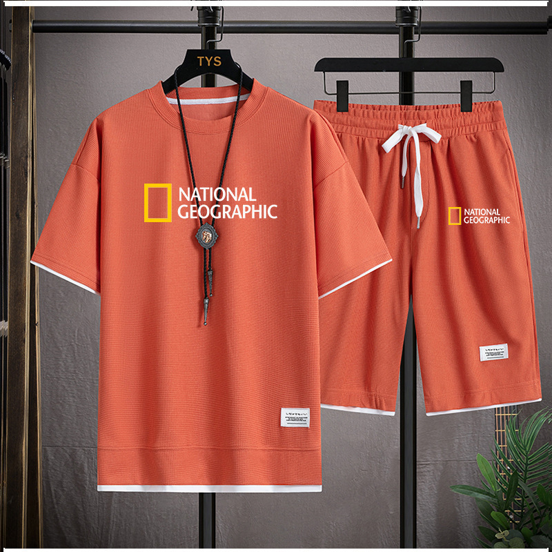 Dwuczęściowy zestaw męski T-shirt sportowy Waffle Short z krótkim rękawem i luźnym, krótkim rękawem, na lato_voghion.com