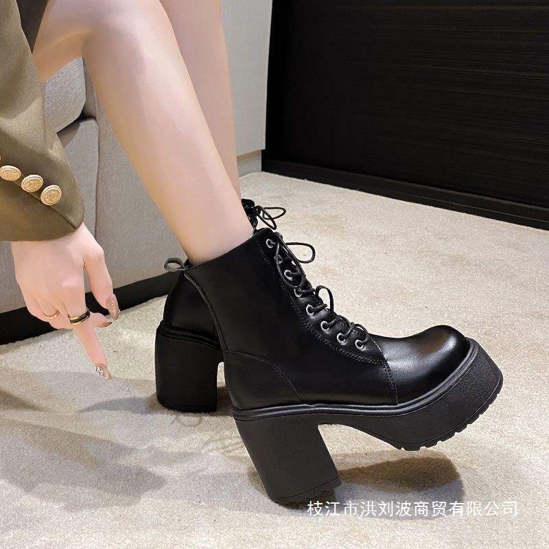 Round-Toe High-Heeled Lace-Up Martin Boots for Women, Chunky Heel 2025 Thick-Soled Ankle Boots for Petite Women, Autumn and Winter Soft Leather Boots for Wide Feet