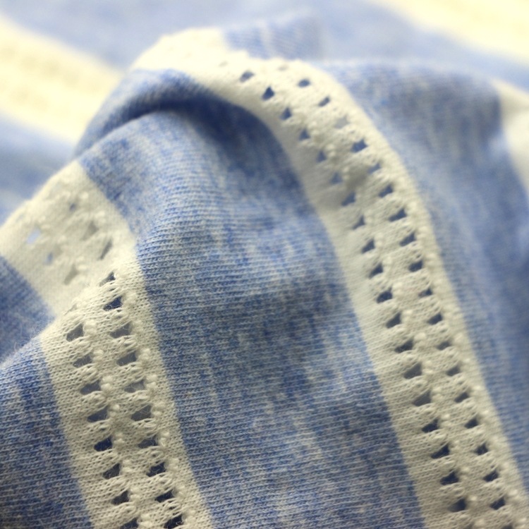 色织彩条提花单面布针织纬编CVC麻灰彩灰色织提花彩条孔洞汗布料