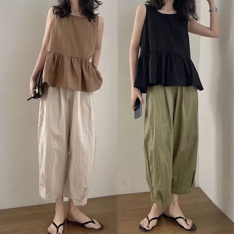 Одиночный/костюм женский летний новый жилет из двух частей в Корейском стиле, Свободные повседневные брюки до щиколотки, из хлопка и льна, 2023