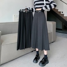 跨境工厂欧美西装面料高腰百褶裙长款半身裙a字半裙韩版抖音淘宝