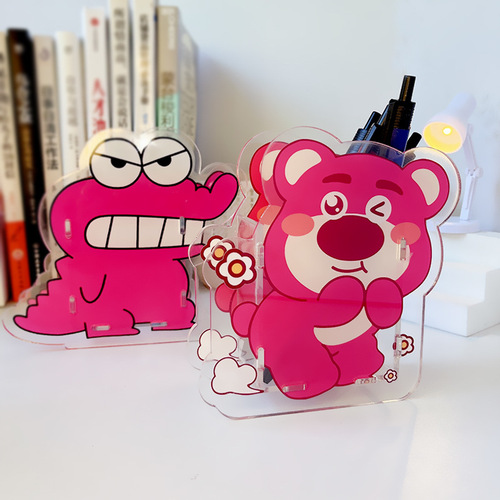 Strawberry Bear Cartoon Acrylic Cute Pen Holder Student Desk Stationery Storage Box Makeup Brush Storage Bucket