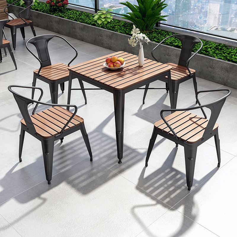 Outdoor Round Table for Patio, Single Pole Small Round Table for Bar, Restaurant, Leisure, Iron and WPC Sunshade Chairs