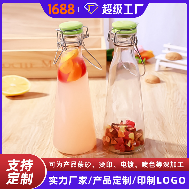 Botella de vidrio de leche con mango de 500ml, botella de jugo de bebida, botella de enzimas, botella de vidrio de leche fresca de 1000ml, venta al por mayor