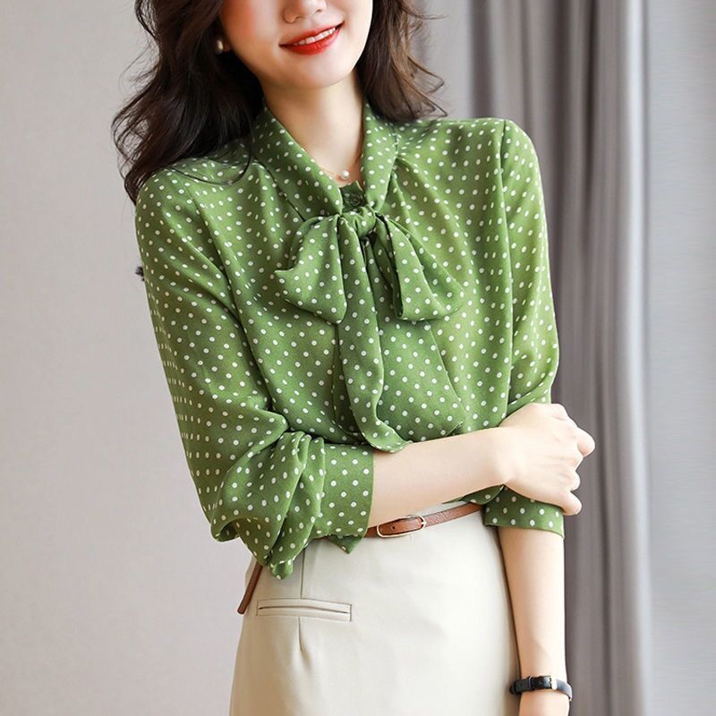 2024 Spring and Autumn New Shirt Women's Green Polar Dot Shirt Collar Lace-up Long Sleeve Casual Cardigan Thin Top for Women
