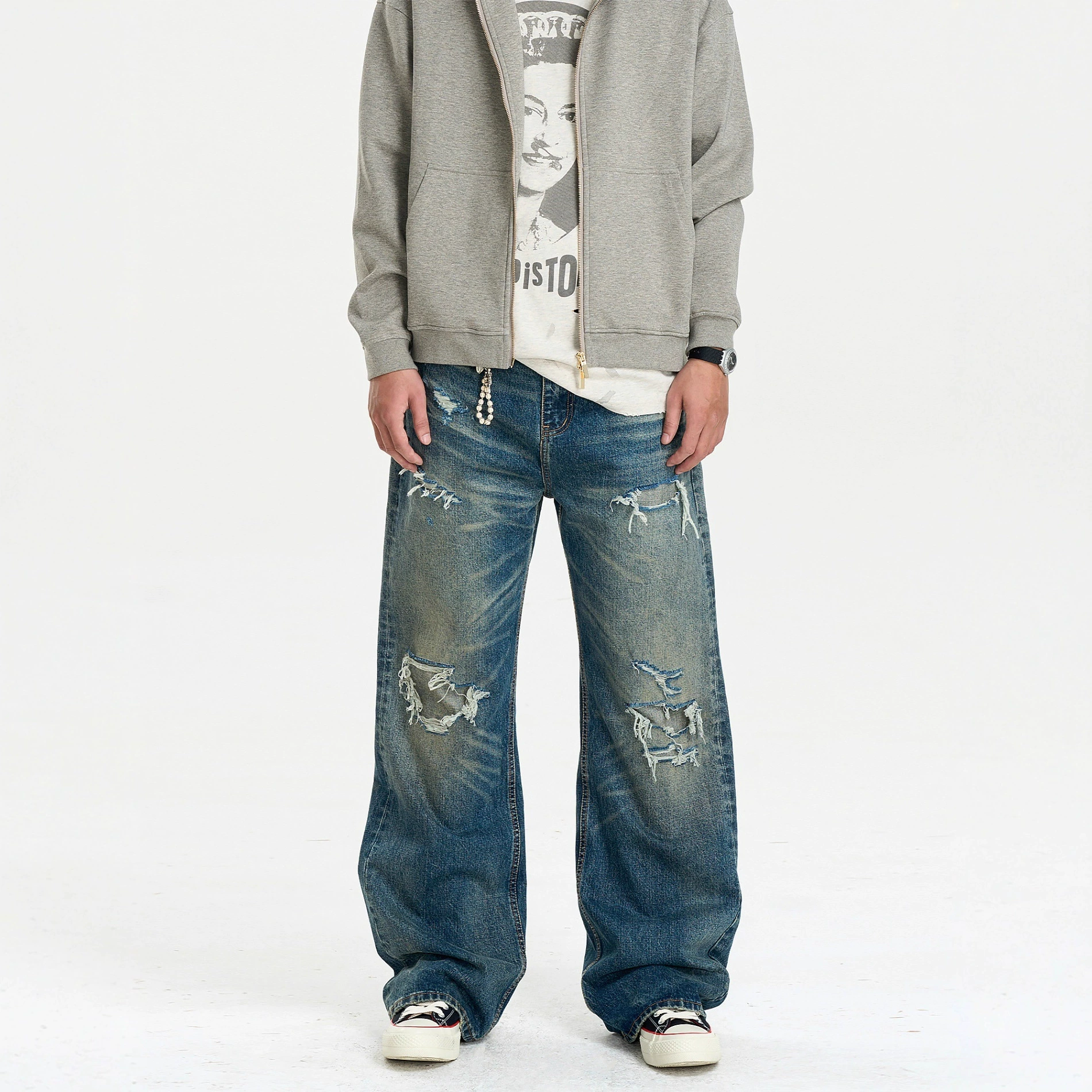 Винтажные американские потертые рваные джинсы с заплатками и бахромой, прямого кроя, свободные