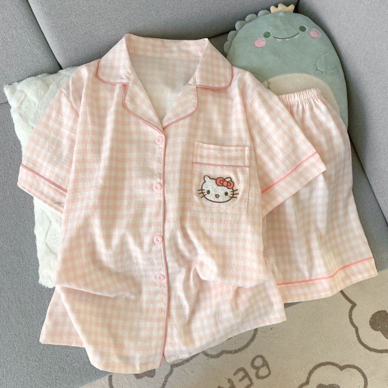 ピンク KT 猫パジャマ夏の女性の純粋な綿半袖ショーツ甘い雲綿夏は家の服セットの外で着用できます|undefined