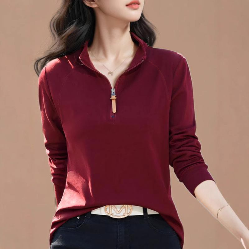 95% Cotton Stand-Up Collar Long-Sleeved T-Shirt for Women 2026 Spring New Style Zipper Lapel Outer Wear Base Layer Fashion Sports Top 95% Cotton Stand-Up Collar Long-Sleeved T-Shirt for Women 2026 Spring New Style Zipper Lapel Outer Wear Base Layer Fashion Sports Top