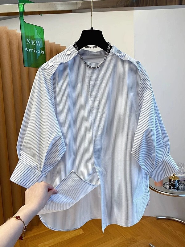 浅蓝色条纹衬衫女装2025新款早秋宽松百搭圆领套头中袖七分袖上衣|undefined