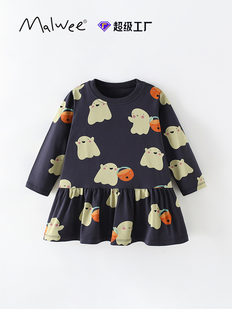 Vestido de niña malwee transfronterizo otoño nuevo cuello redondo falda de manga larga falda casual de niña de dibujos animados lindo image 1