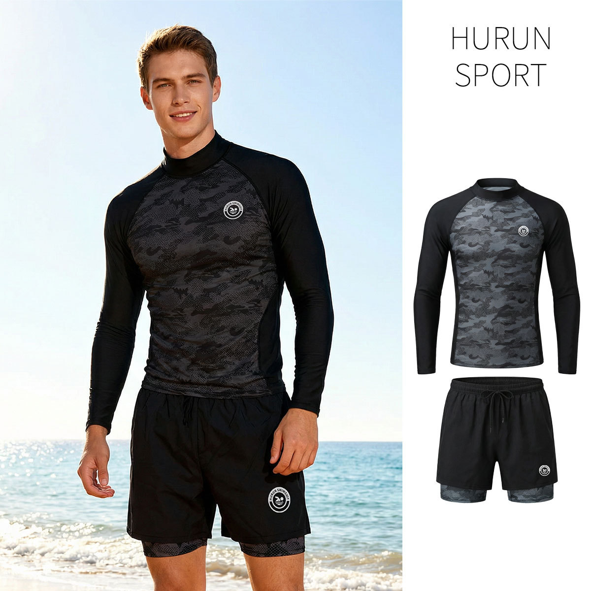 Huirun Men's Swimsuit Diving Suit Long-Sleeved Double-Layer Anti-Embarrassment Pants Jellyfish Suit Surfing Snorkeling Camouflage Swimming Suit