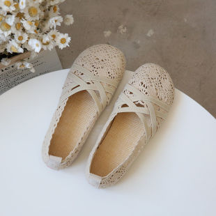Sandals New Women's Retro Fairy Style Slip-on Shallow Mouth Flat Shoes Lace Breathable Mesh Shoes Fisherman Shoes